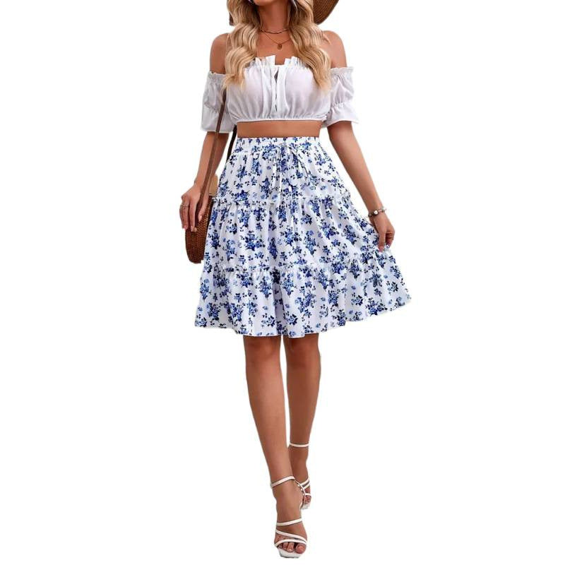 Shipped  fashion cross-border summer florals elastic waist skirt knee layered hem a-line skirt
