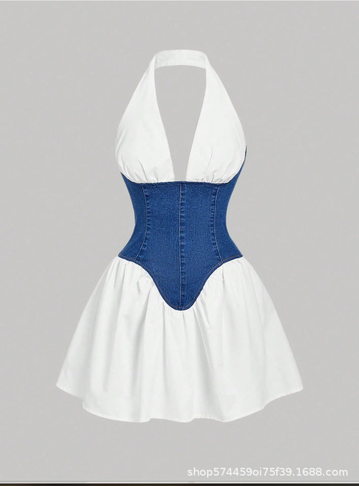Amazon tiktok pinduoduo foreign trade cross-border fashion american halter patchwork denim dress summer casual