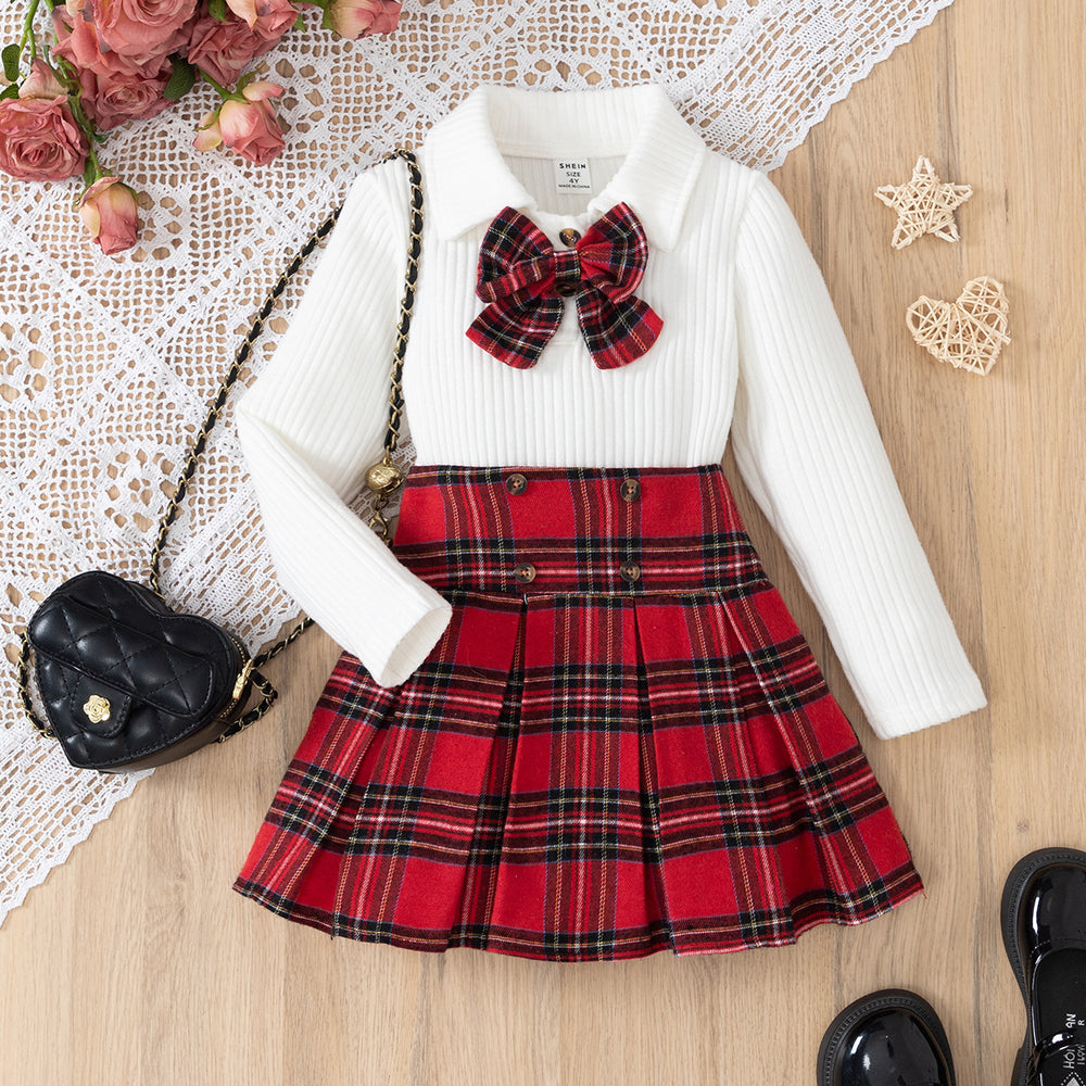 autumn cross-border girls' preppy bow top + plaid a-line skirt two-piece set