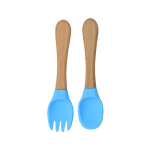 Factory direct sales silicone wooden handle complementary food fork and spoon  baby spoon baby training eating fork and spoon set wholesale