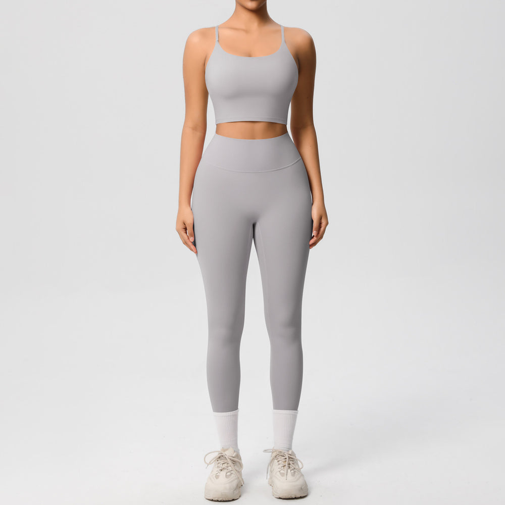 New arrival: double-sided brushed solid color seamless back compression yoga set - breathable workout outfit for running and fitness (two-piece)