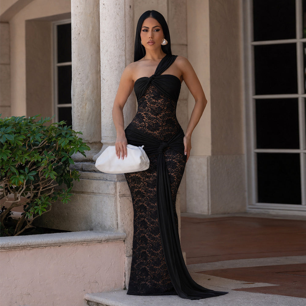 C7692 cross-border   fashion women's sexy lace one-shoulder ruffle bodycon dress