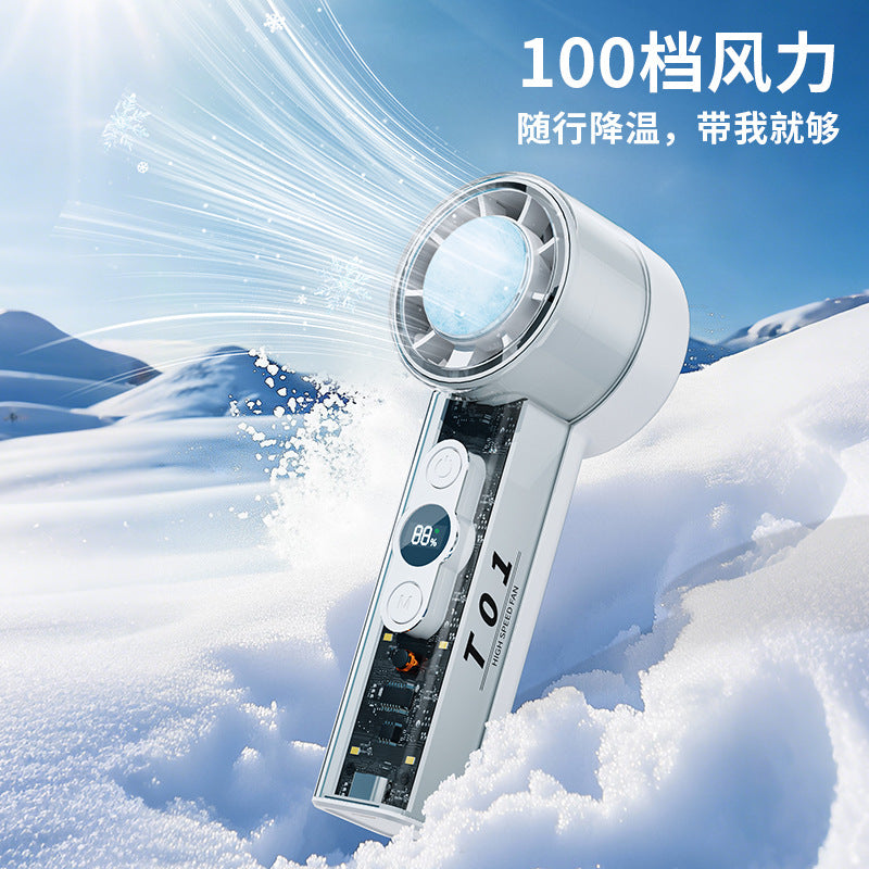 New transparent mecha high-speed fan, 100-level stepless speed adjustment, outdoor handheld cooling fan - factory wholesale