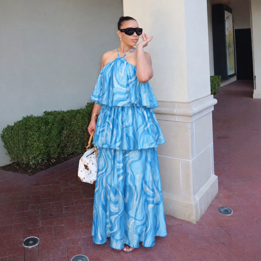 European and american cross-border women's fashion:  summer new arrival - stylish and elegant halter neck printed loose long slip dress