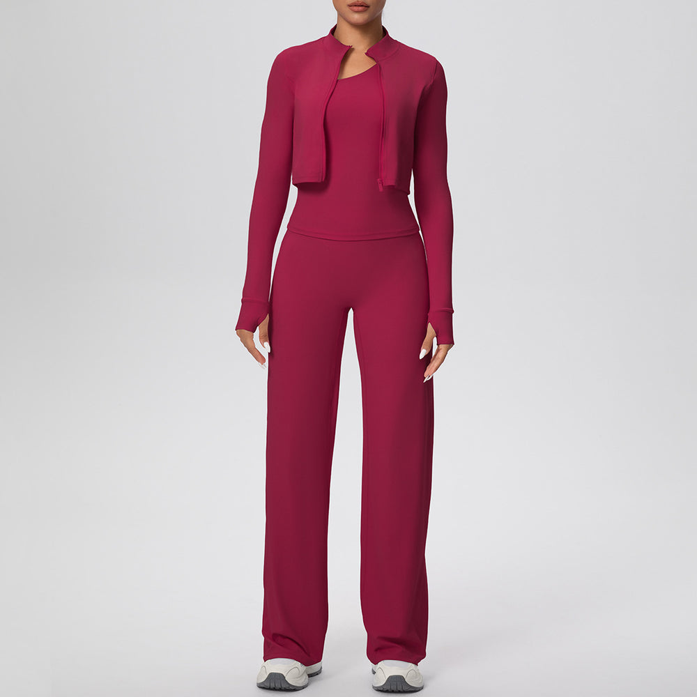 pure color brushed tight one-shoulder vest wide-leg long three-piece set sports running fitness yoga suit