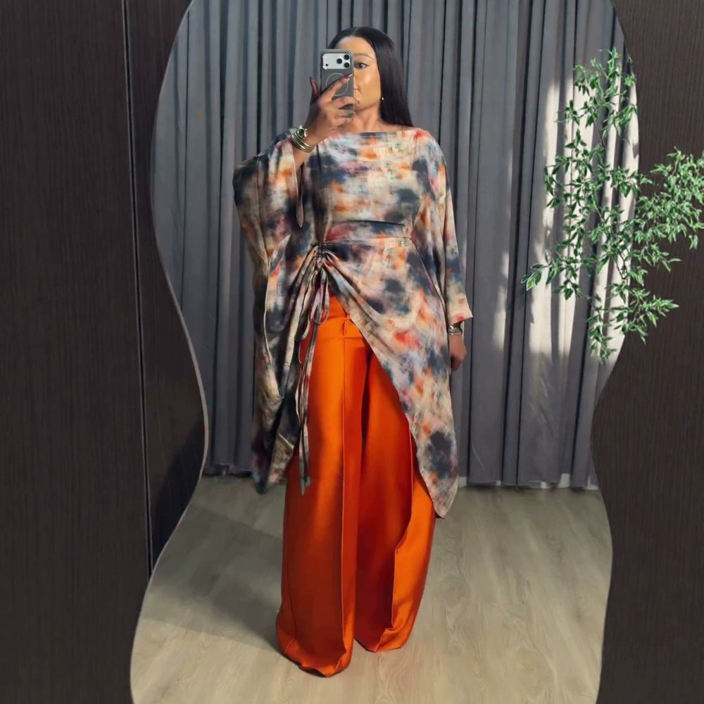 European and american cross-border women's fashion:  summer new collection - stylish printed drawstring longline shirt and wide-leg pants casual set