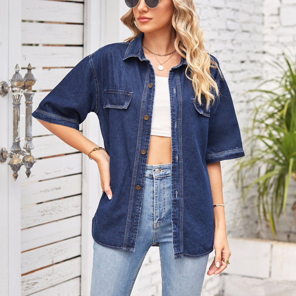 Wishfashion cross-border women's clothing trade  independent station new arrival denim single-breasted short-sleeved casual shirt for women