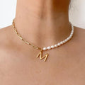 Elegant and chic: freshwater pearl necklace for moms - 26 letter titanium steel gold-plated pendant choker