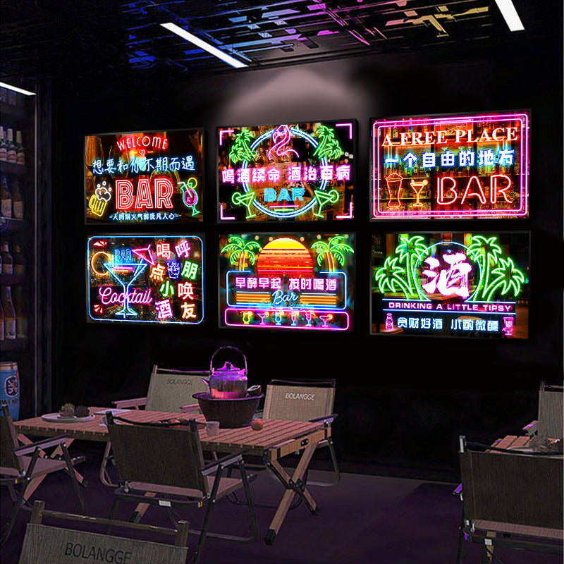 Bar wall decoration painting clear led neon lights luminous characters hanging paintings BBQ shop KTV box pub with lights painting