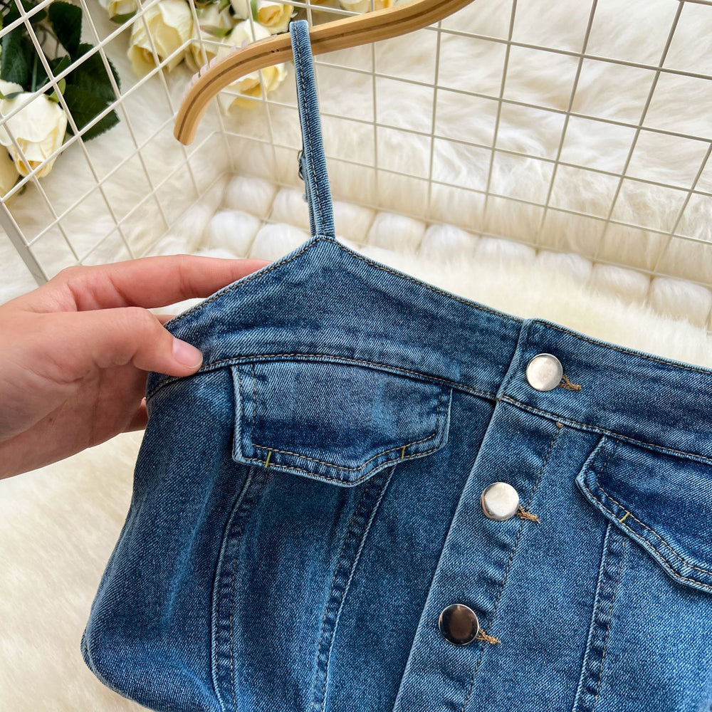 Chic hong kong style retro denim dress - designer raw hem slit slim fit midi slip dress - women's summer fashion