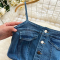Chic hong kong style retro denim dress - designer raw hem slit slim fit midi slip dress - women's summer fashion