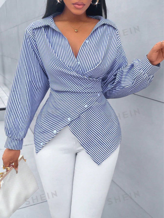 European and american cross-border  hot-selling new spring/summer fashionable sexy versatile striped long-sleeved women's shirt