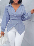 European and american cross-border  hot-selling new spring/summer fashionable sexy versatile striped long-sleeved women's shirt