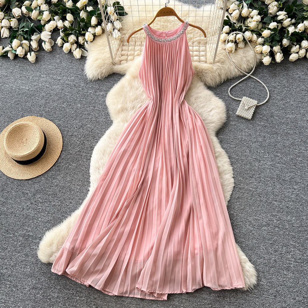 Luxury chic diamond-embellished halter dress - pink summer sleeveless high-waisted a-line pleated maxi dress - premium quality