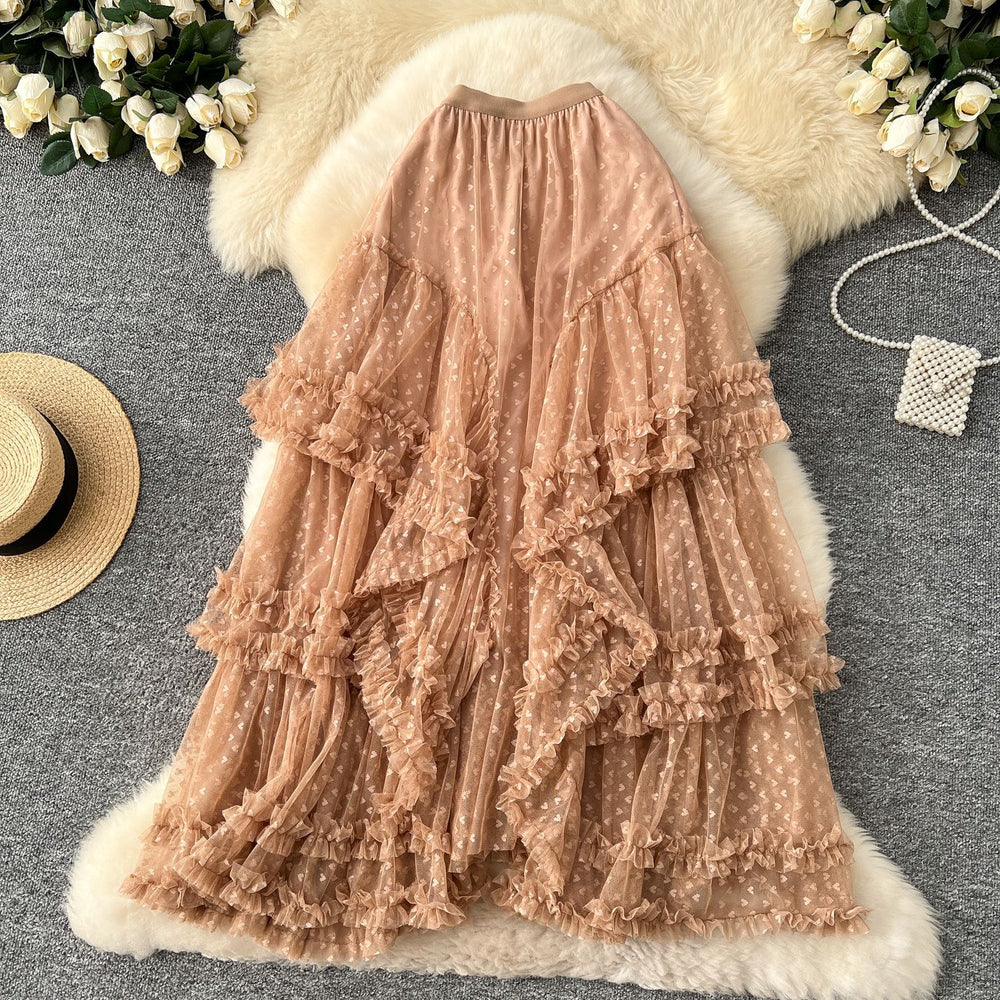 Ethereal midi skirt -  early spring new arrival: soft & elegant, slimming, heart-shaped mesh, asymmetrical flared skirt