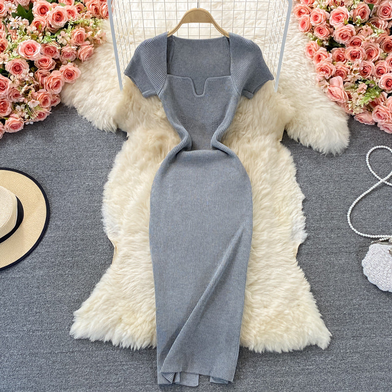 Fitted and slimming square neck knit dress - short sleeve,  summer new arrival, chic and sexy, bodycon maxi dress