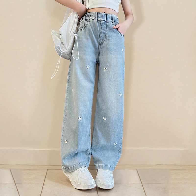 Girls' summer lightweight pants  new style: wide-leg pants for older girls, slim-fit straight-leg tencel jeans for middle school students
