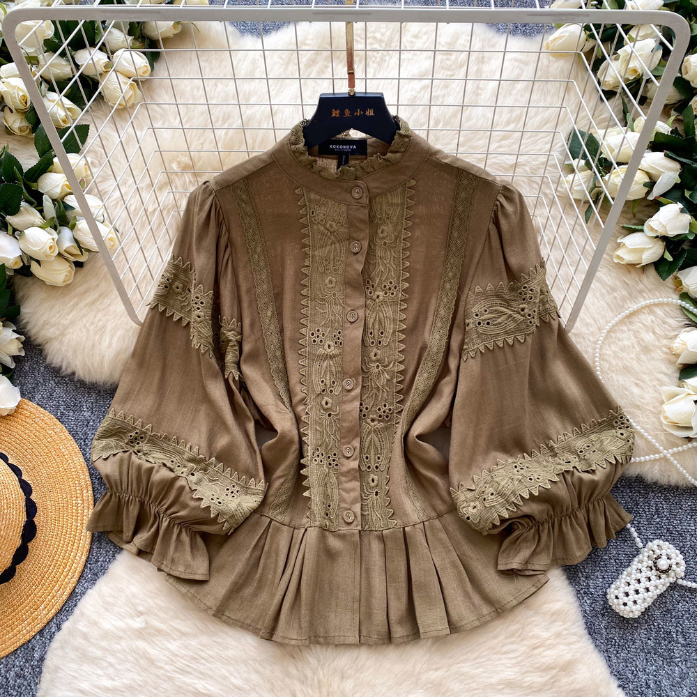 Retro palace style stand collar lace lace shirt women's spring style k-style lantern sleeve cardigan style waist tops
