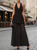 european and american cross-border women's fashion: chic v-neck sleeveless halter backless top with high-waisted mesh midi skirt set