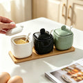 Wow, simple style seasoning jar ceramic seasoning box for home with lid wooden tray msg salt shaker round seasoning jar