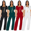 C7378 cross-border   fashion women's large button short sleeve sporty wide leg jumpsuit new