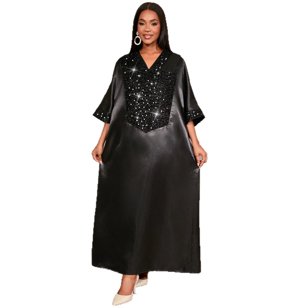 african women's v-neck loose plus size dress -  sequin fashion robe dress