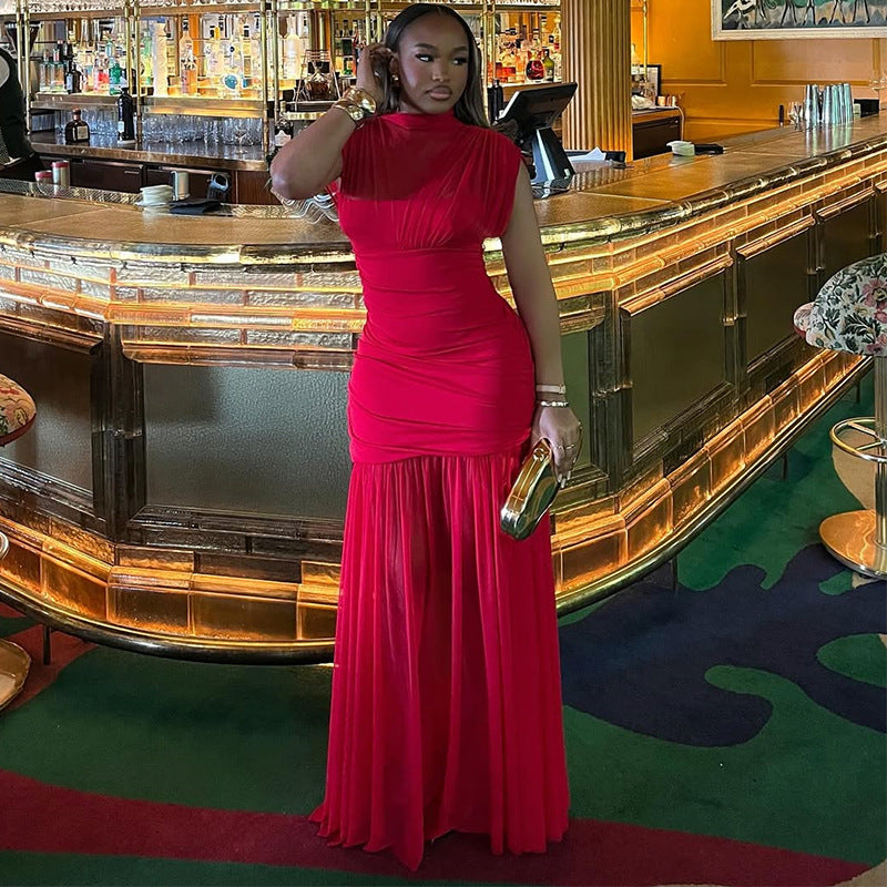 European and American  women's clothing 2025 summer new temperament semi-turtleneck slim and thin splicing long red dress