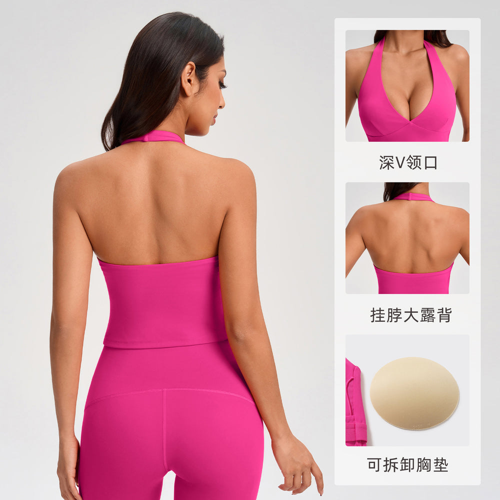 Deep v neckhalter style vest female sexyshortbackless free bra fitness yoga wear topsyg-1006