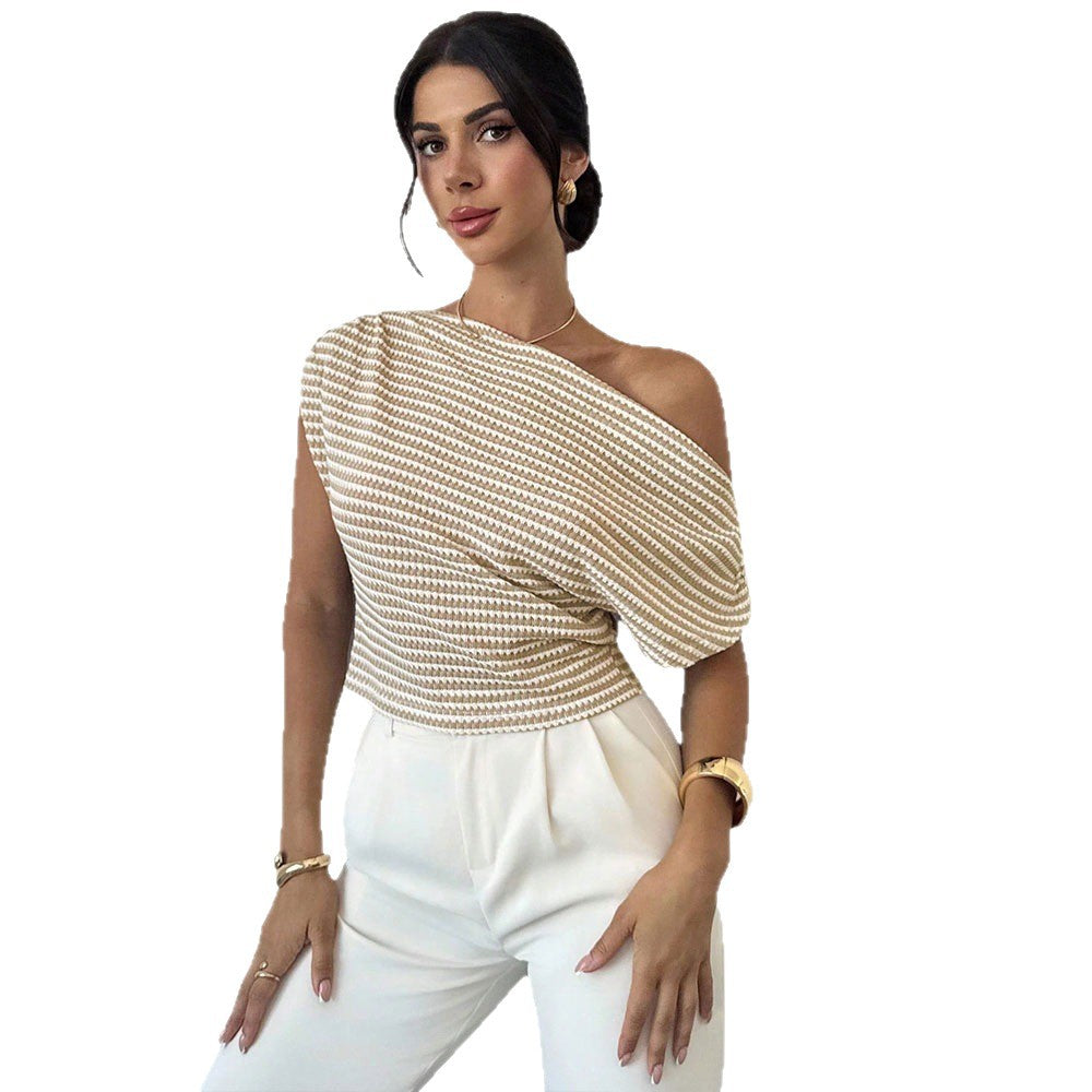 Summernew arrivalstylishfashion single-sided off-shoulder stripes short-sleeved topswork clothingeasiest for match waist knitting shirt t-shirt