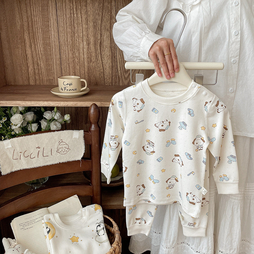 Kidsfall and winter shu velvet 300gthickenedpure cotton autumn clothes and long trousers home clothes suit class a boneless