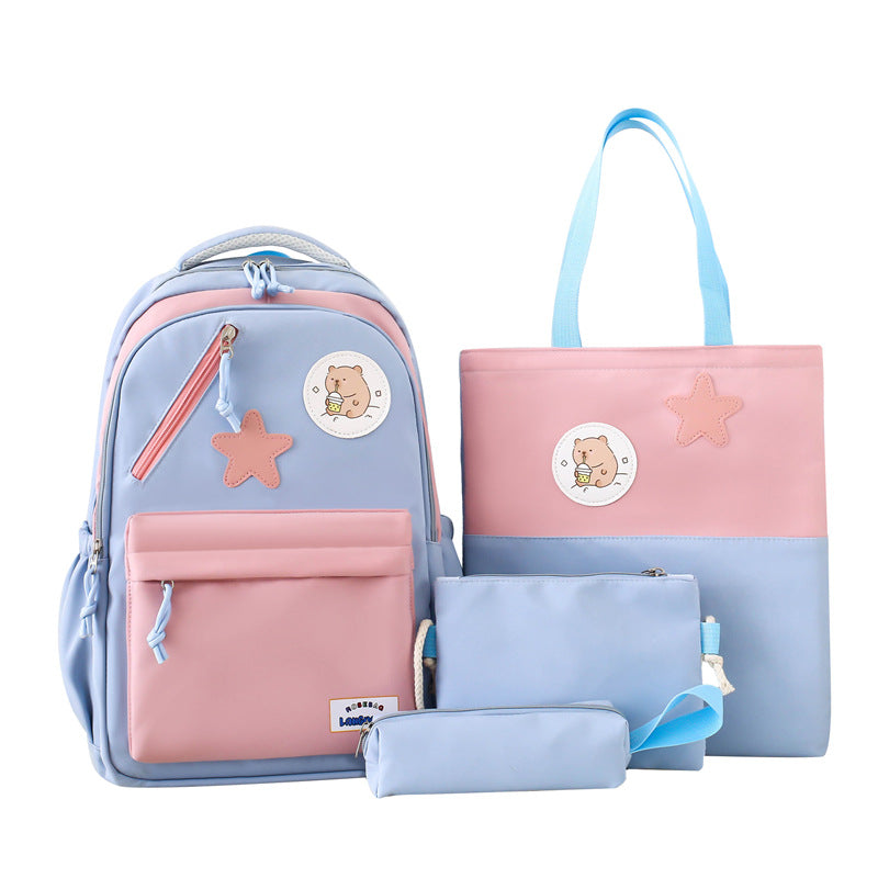Korean version of college style schoolbag four-piece set, primary and secondary school backpack, girls fresh and sweet backpack, multi-compartment backpack