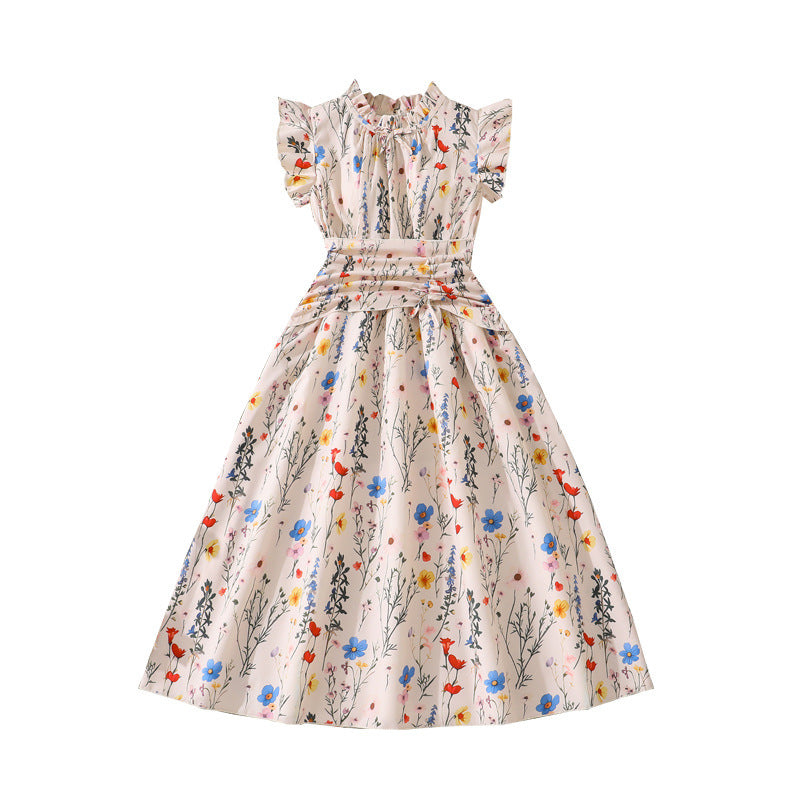 26 cross-border  girls' spring/summer new arrival: elegant floral print flutter sleeve a-line dress with cinched waist