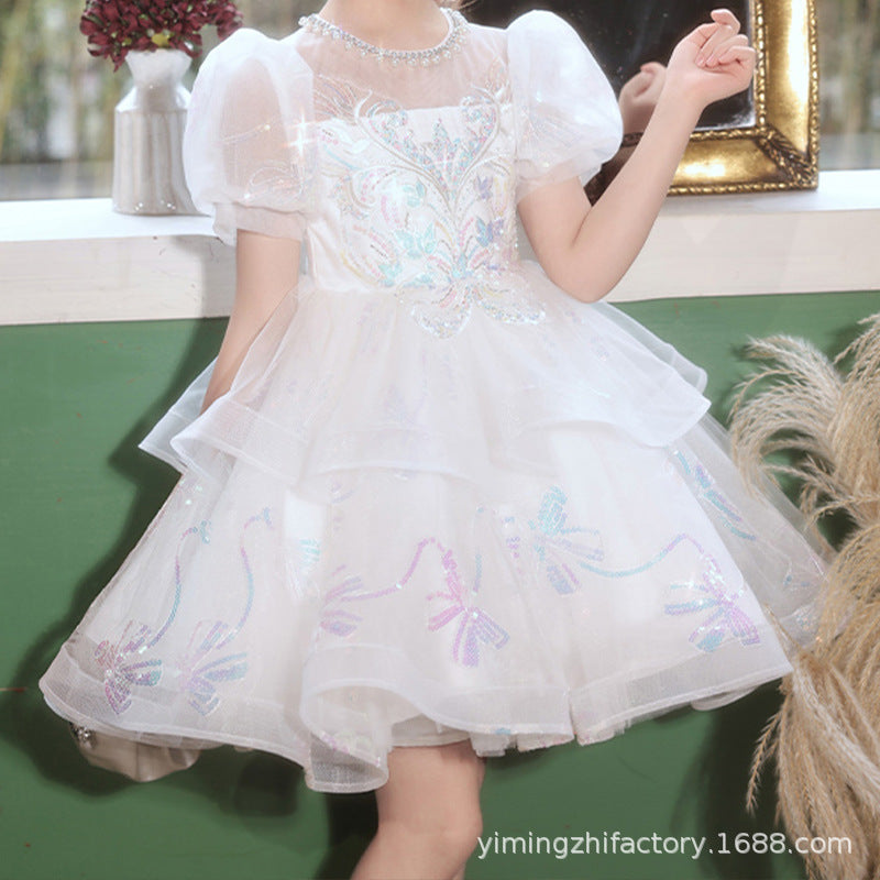 girls' high-end formal dress, luxury niche princess dress, children's piano recital bowknot puff sleeve dress