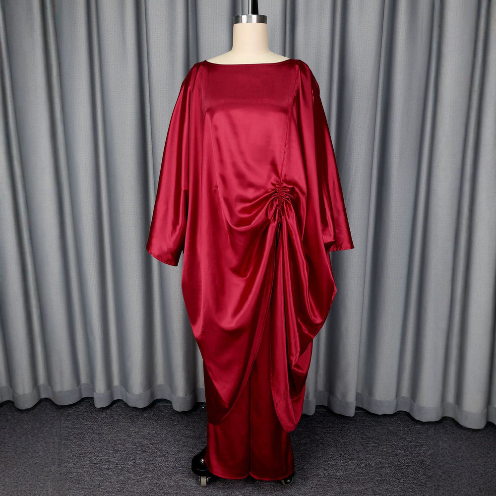 African deep red satin drawstring pant set - loose batwing sleeve cinched waist slimming robe wide leg two-piece outfit