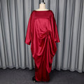 African deep red satin drawstring pant set - loose batwing sleeve cinched waist slimming robe wide leg two-piece outfit