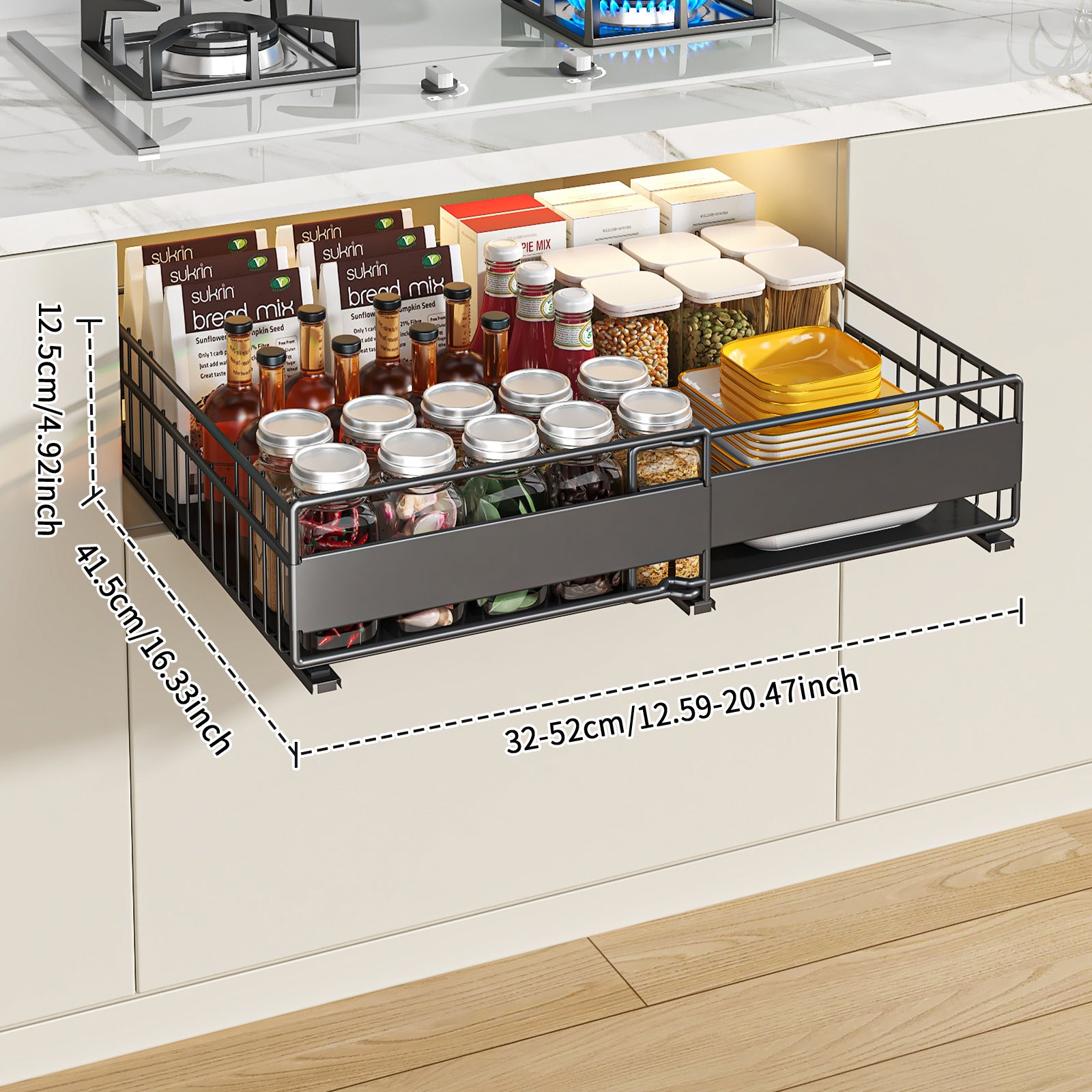 Retractable basket, drawer type seasoning tableware storage rack in kitchen cabinet, storage basket, wardrobe pull rack