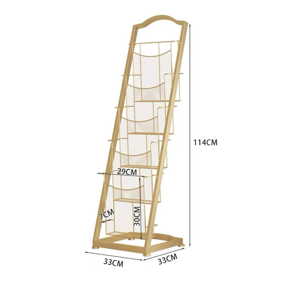 Minimalist multi-tier magazine rack display stand - freestanding bookshelf organizer for newspapers, magazines, and storage