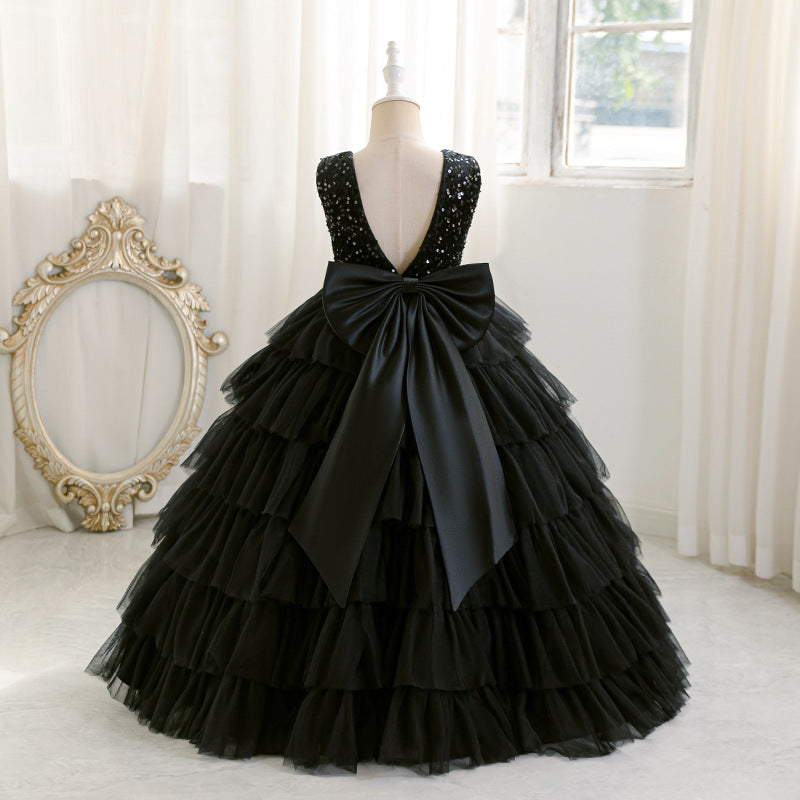 european and american girls' evening dress, long cake skirt, black elegant high-end bow sequin dress, in stock