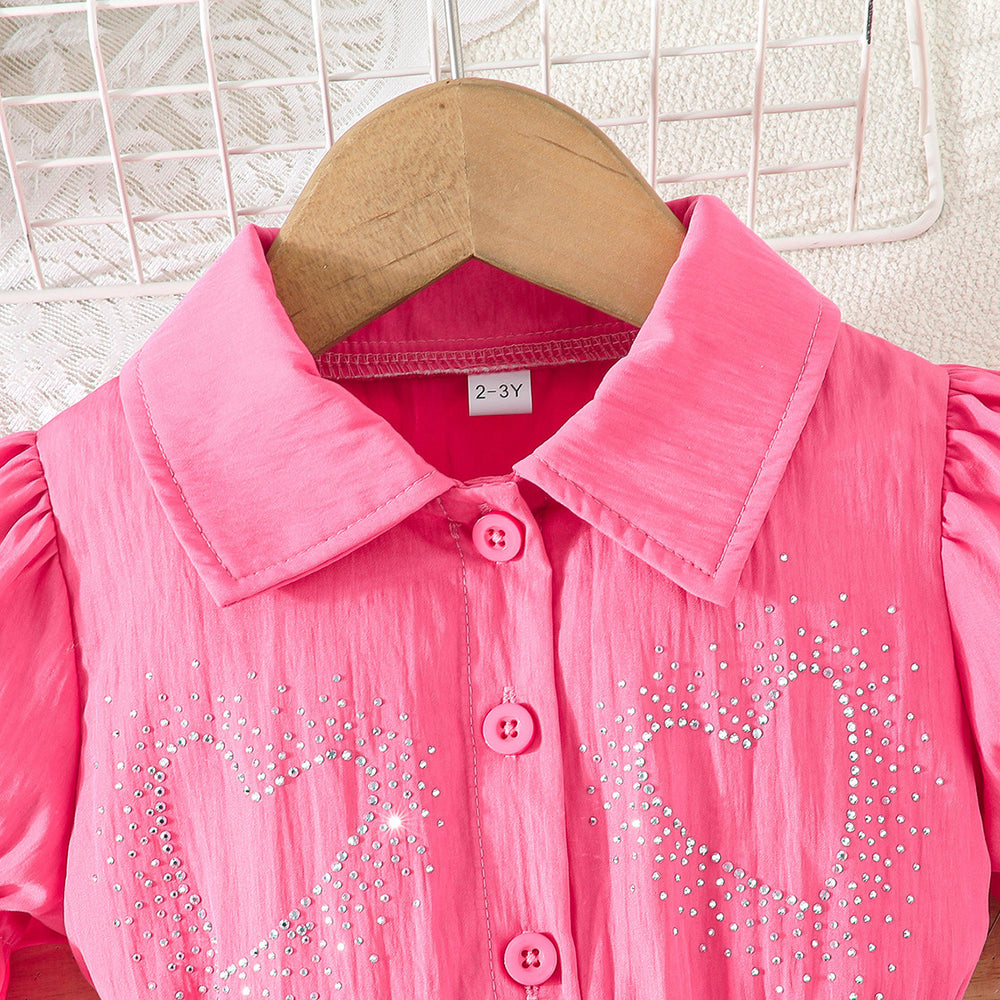 girls' outfit: heart-shaped rhinestone bubble sleeve top + denim shorts - kids' summer two-piece set