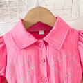 girls' outfit: heart-shaped rhinestone bubble sleeve top + denim shorts - kids' summer two-piece set
