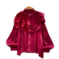 French retro court style wood ear trim blouse - women's early spring outfit, long sleeve ruffle detail, designer commute top