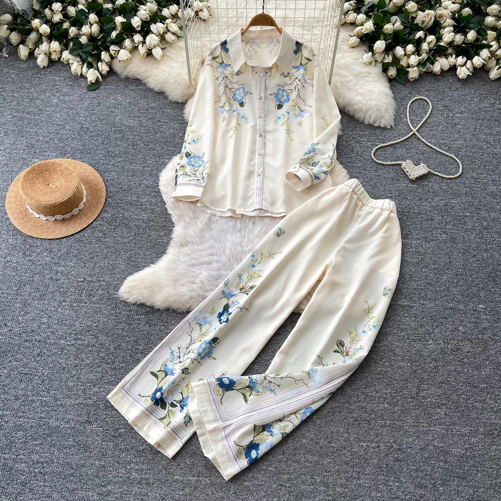 Light mature style printed cardigan wide-leg pants two-piece set for women autumwork clothingcasualslimming lookeasiest for matchsuit