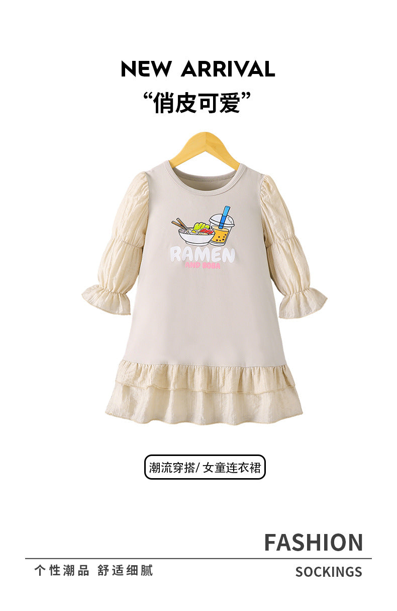 Girls' export dress - beige with patchwork sleeves, lace hem, and cartoon appliqués - autumn long-sleeve dress for children