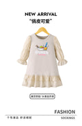 Girls' export dress - beige with patchwork sleeves, lace hem, and cartoon appliqués - autumn long-sleeve dress for children