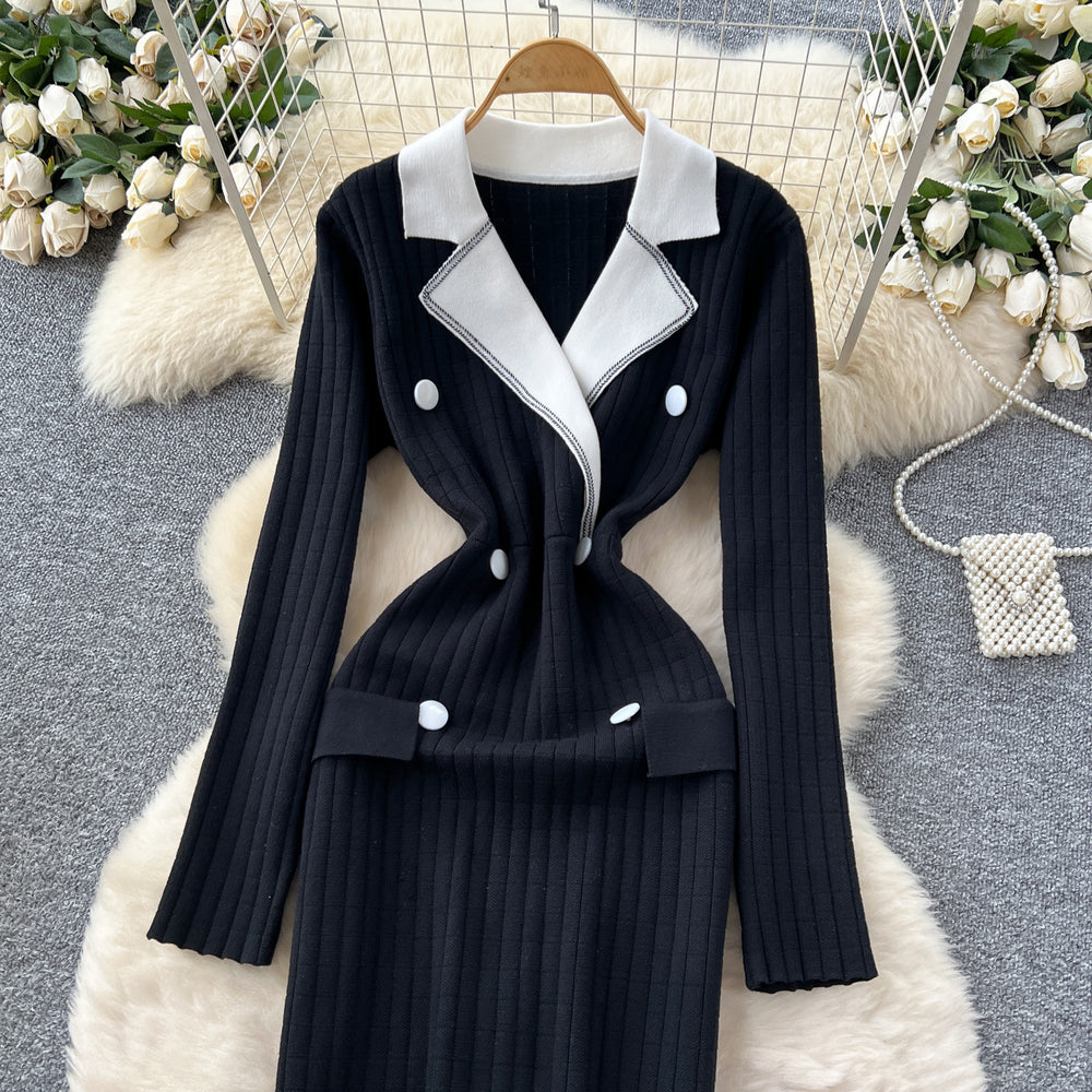 Classy tweed stylefashionablecontrast color suit collar long sleeves double breasted waist knittingdress women's bottom long skirt