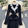 Classy tweed stylefashionablecontrast color suit collar long sleeves double breasted waist knittingdress women's bottom long skirt
