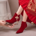 2024 autumn new fashion wine red chinese style wedding shoes high heels comfortable wedding boots bridal martin boots