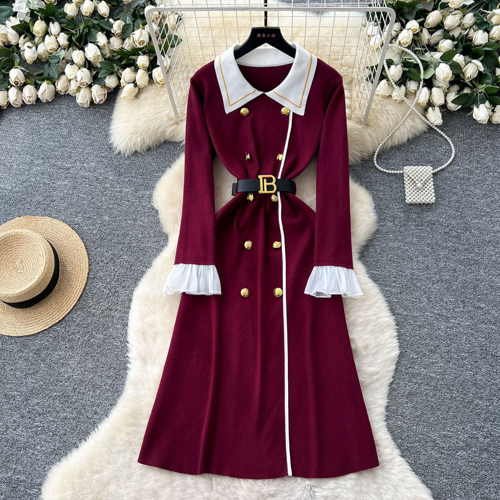 Classy small fragrance fashionablecontrast color lapel long sleeves metal double-breasted waist slimming lookelegantknittingdress