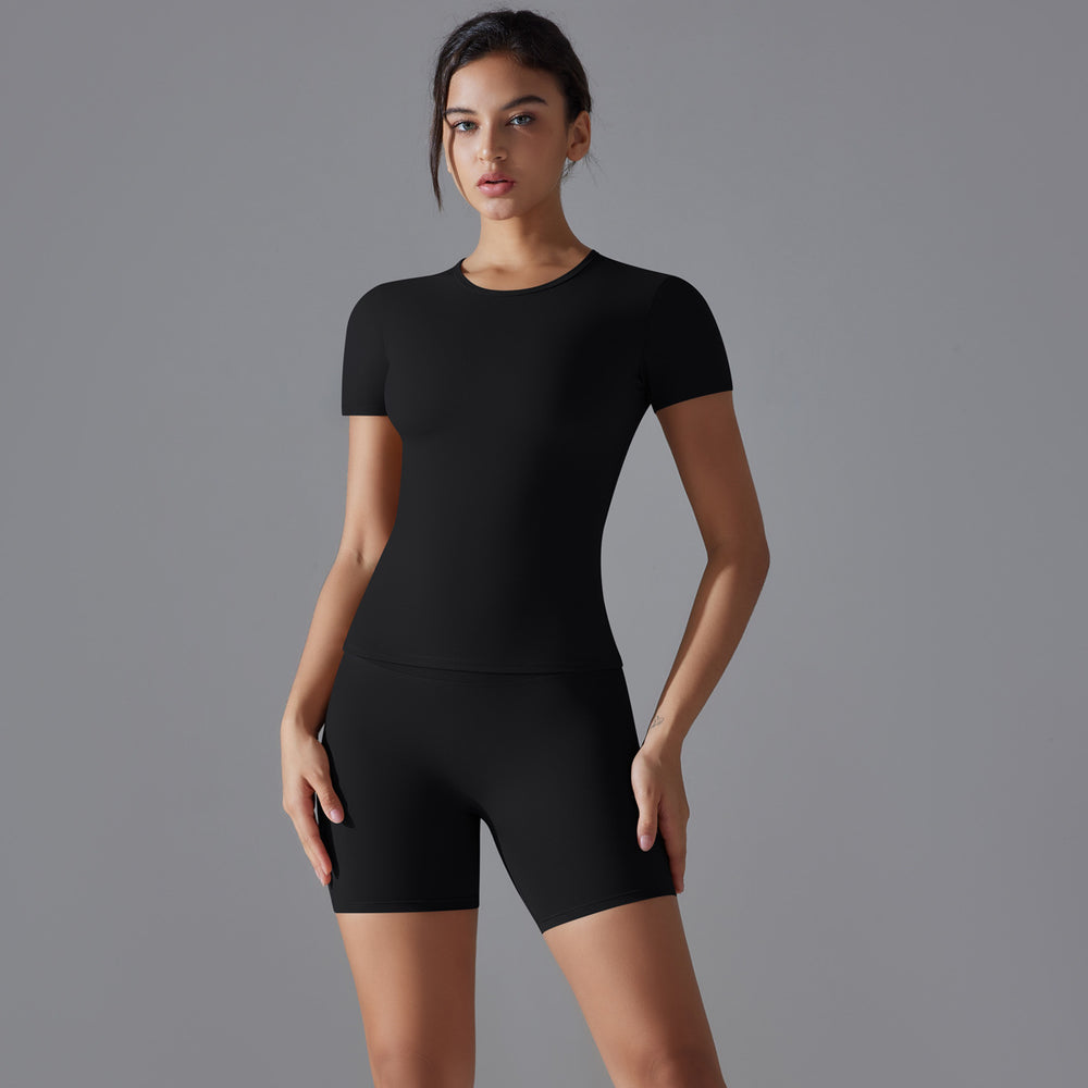 New spring double-sided nylon quick-dry yoga outfit short sleeve fitness set outdoor running sports two-piece set for women
