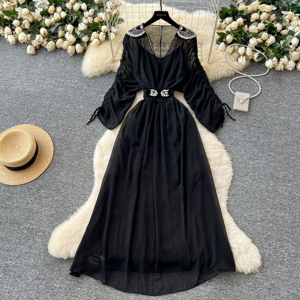French chic diamond-embellished v-neck batwing sleeve tie-waist maxi dress - slimming, elegant, and flowy chiffon